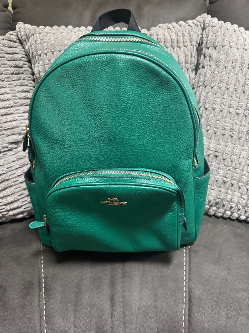 Coach Teal Pebbled Leather Backpack with Gold Hardware
